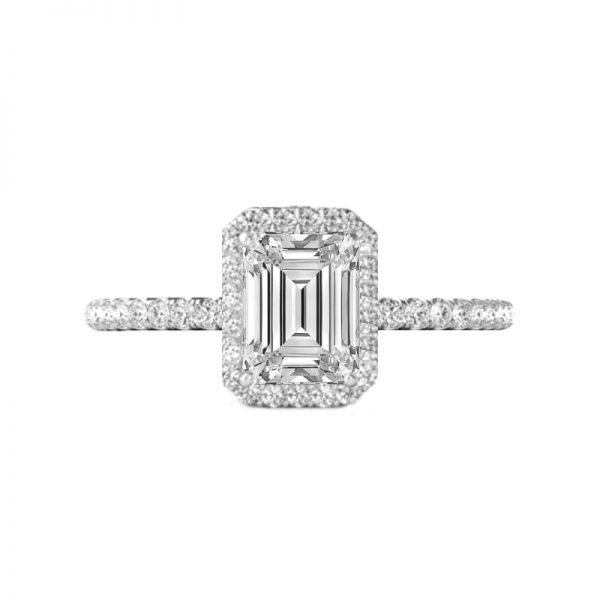 18ct White Gold Emerald Cut Halo Engagement Ring.