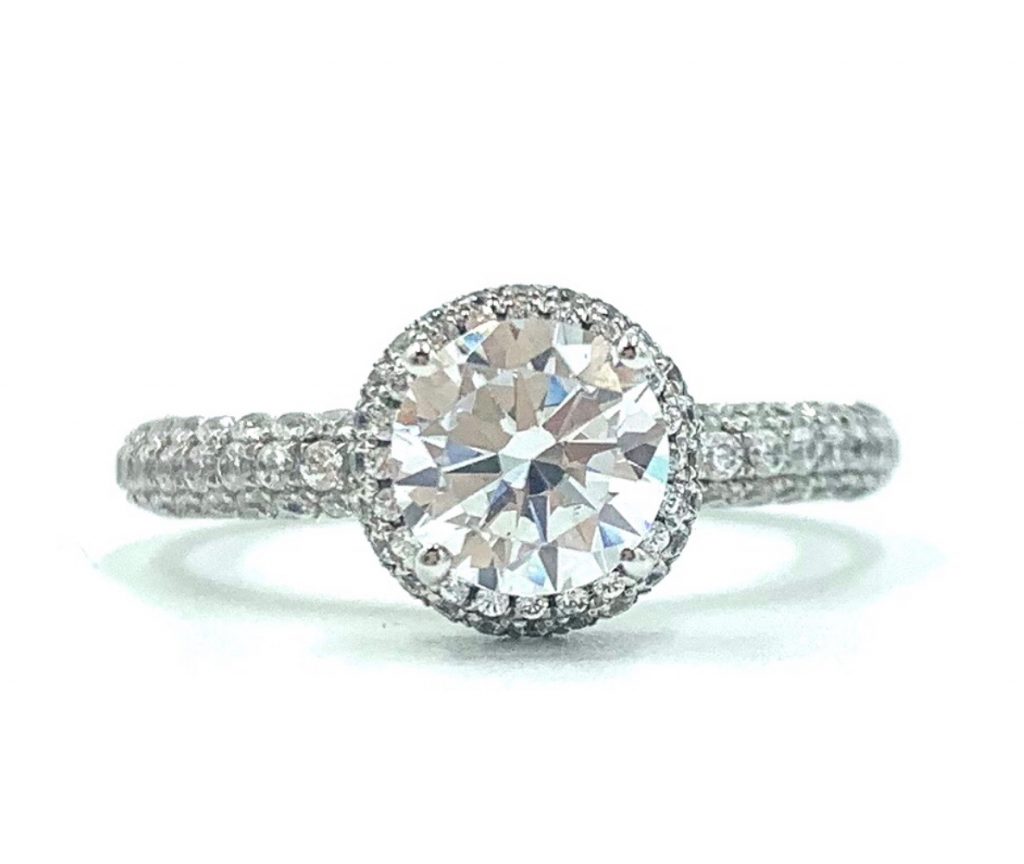 18ct White Gold Round Brilliant Cut Pave Style Halo Engagement Ring.