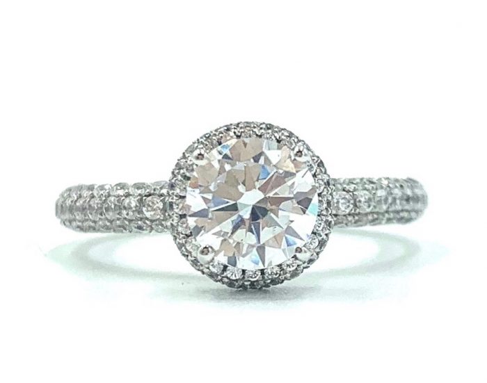 18ct White Gold Round Brilliant Cut Pave Style Halo Engagement Ring.