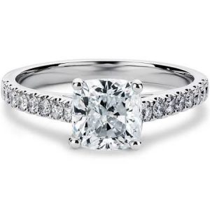 18ct White Gold Cushion Cut Diamond Solitaire Engagement Ring With Diamond Band.