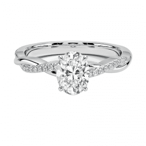 Oval Solitaire Engagement Ring With Twist Of Brilliant Cuts On Side Profile.